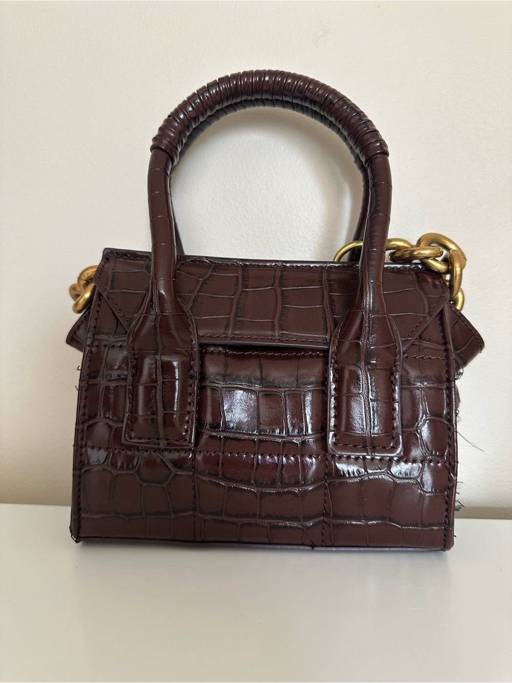 ZARA Croc-Embossed Dark Brown Mini Satchel with Gold Chain